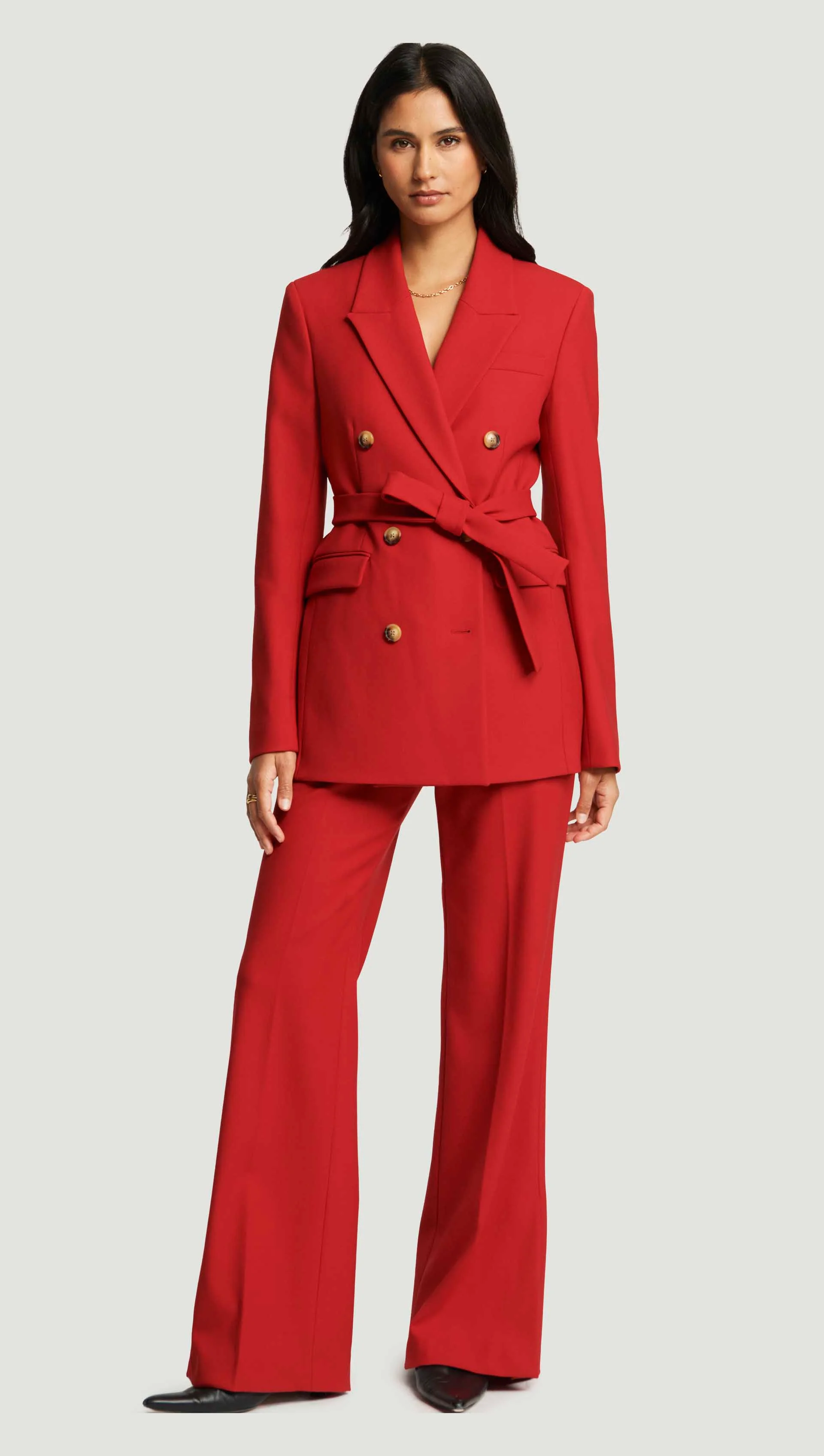 Belted Double-Breasted Blazer in Heavy Wool Twill | Ruby Red - Image 3