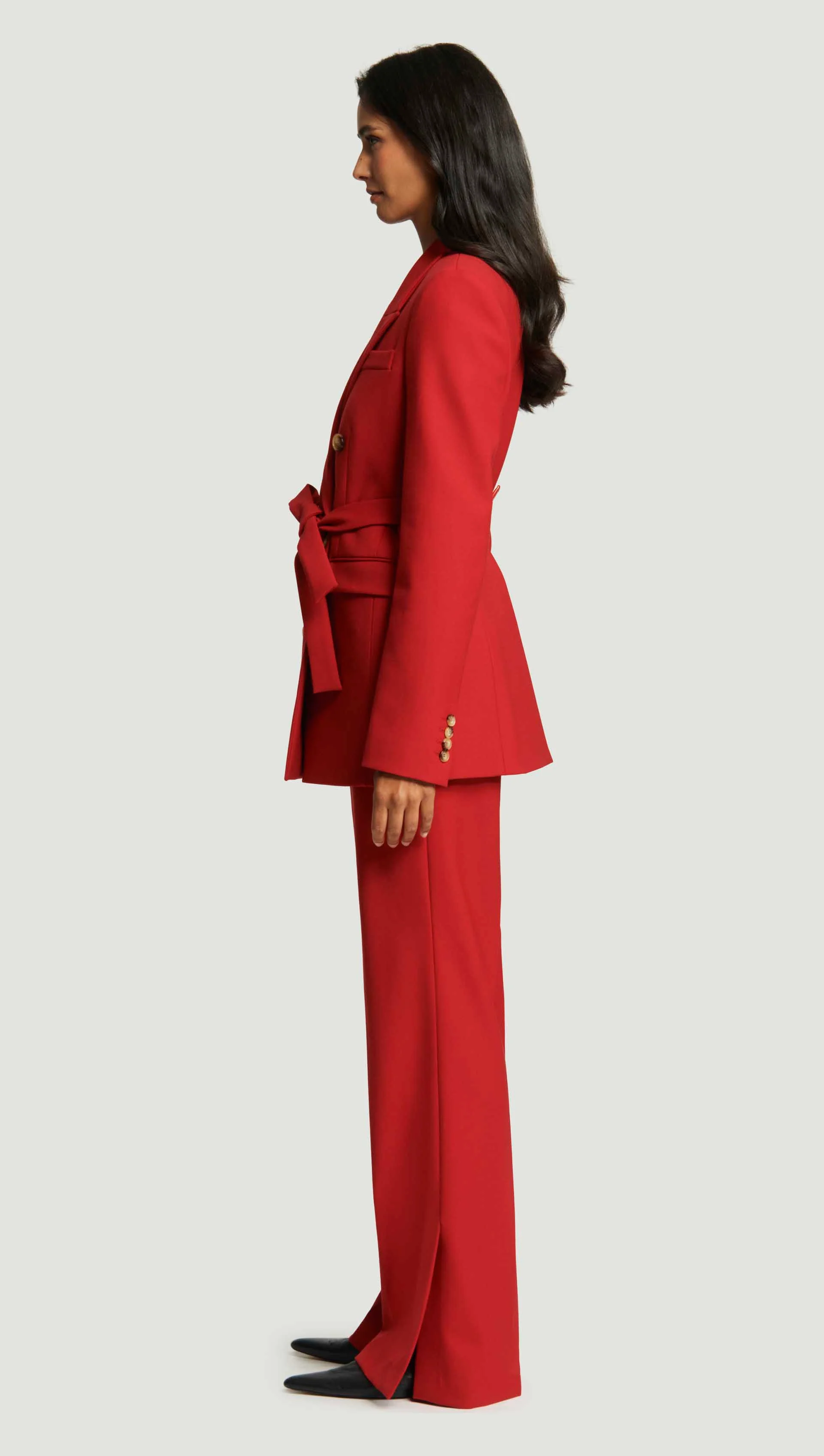 Belted Double-Breasted Blazer in Heavy Wool Twill | Ruby Red - Image 4