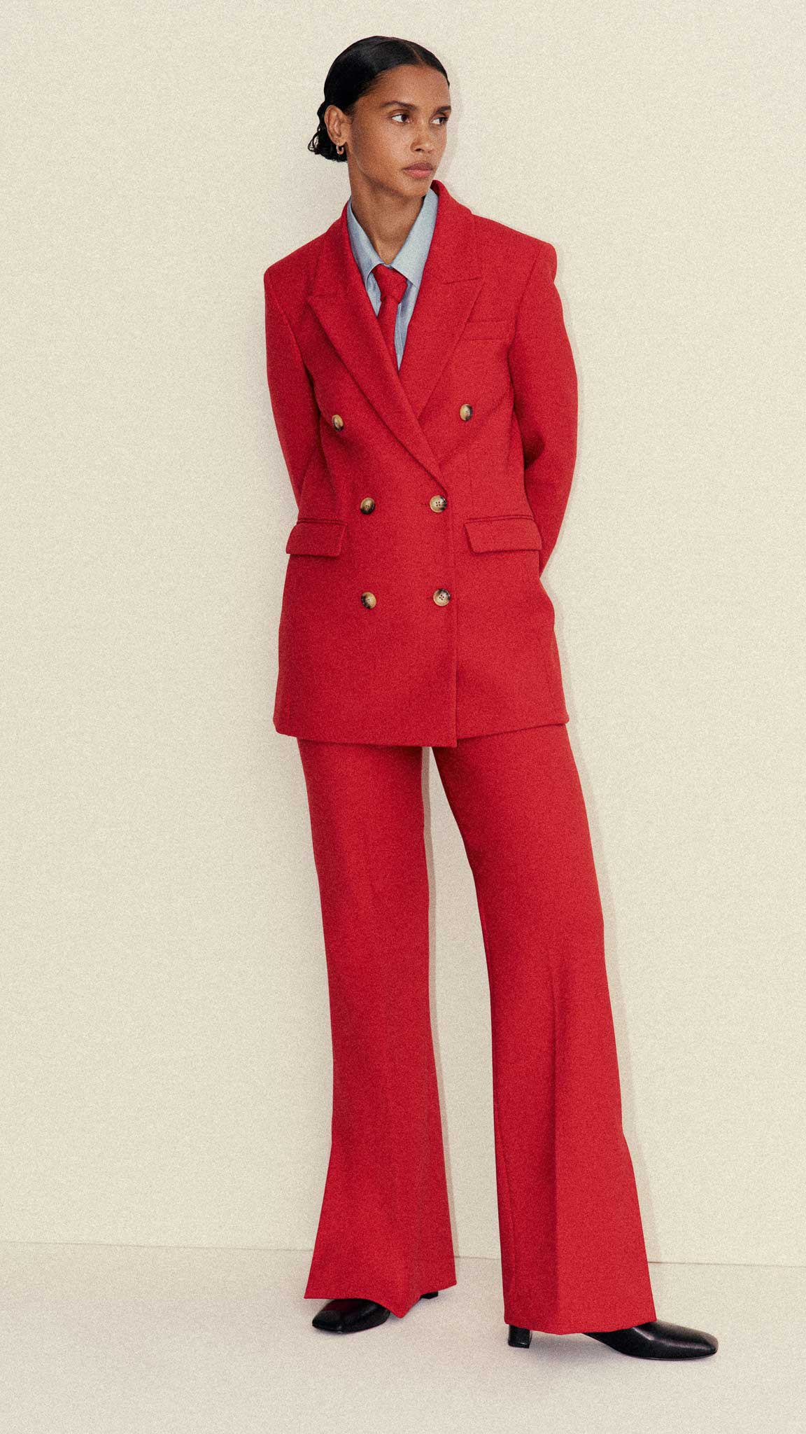 Belted Double-Breasted Blazer in Heavy Wool Twill | Ruby Red - Image 8
