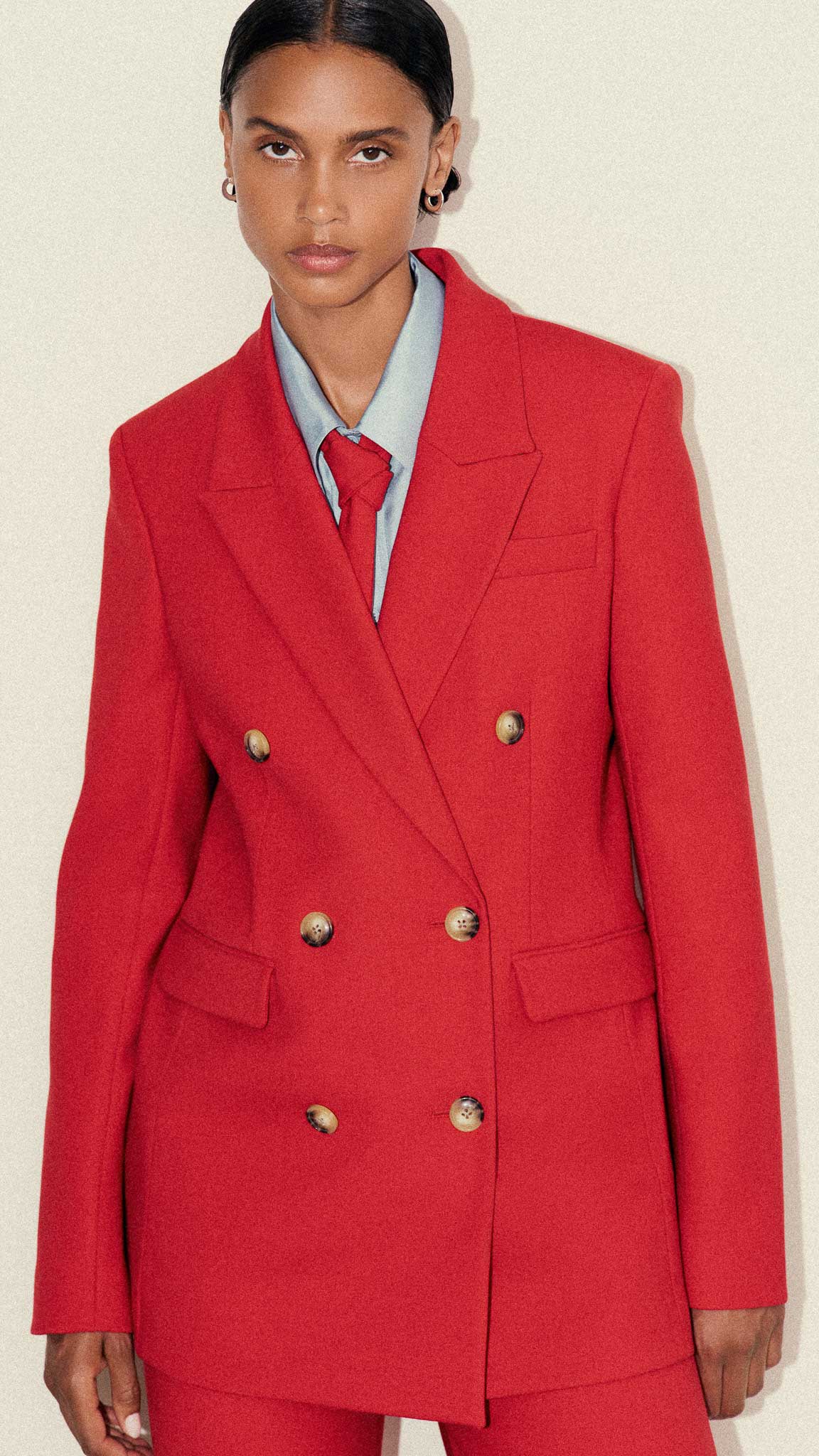 Belted Double-Breasted Blazer in Heavy Wool Twill | Ruby Red - Image 9
