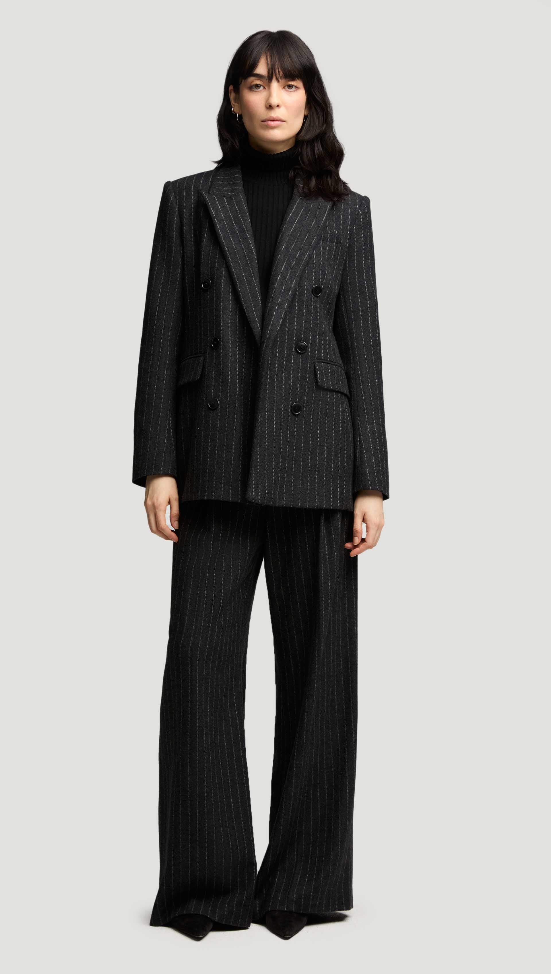 Belted Double-Breasted Blazer in Wool Blend | Grey Pinstripe - Image 3
