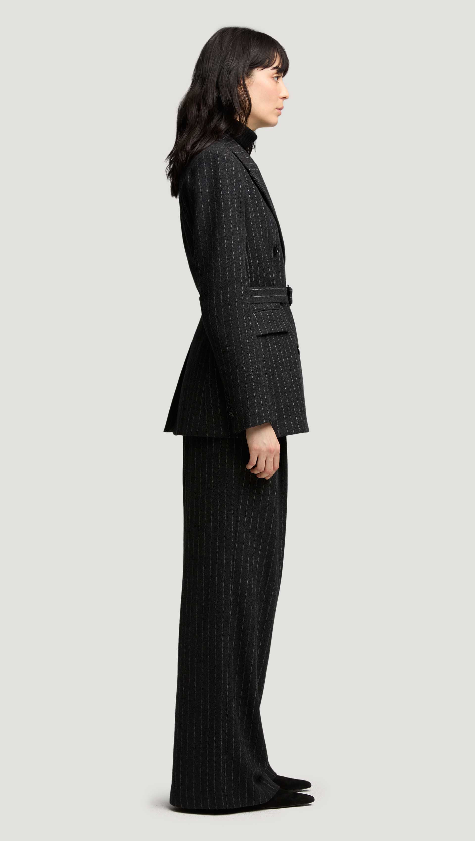 Belted Double-Breasted Blazer in Wool Blend | Grey Pinstripe - Image 4