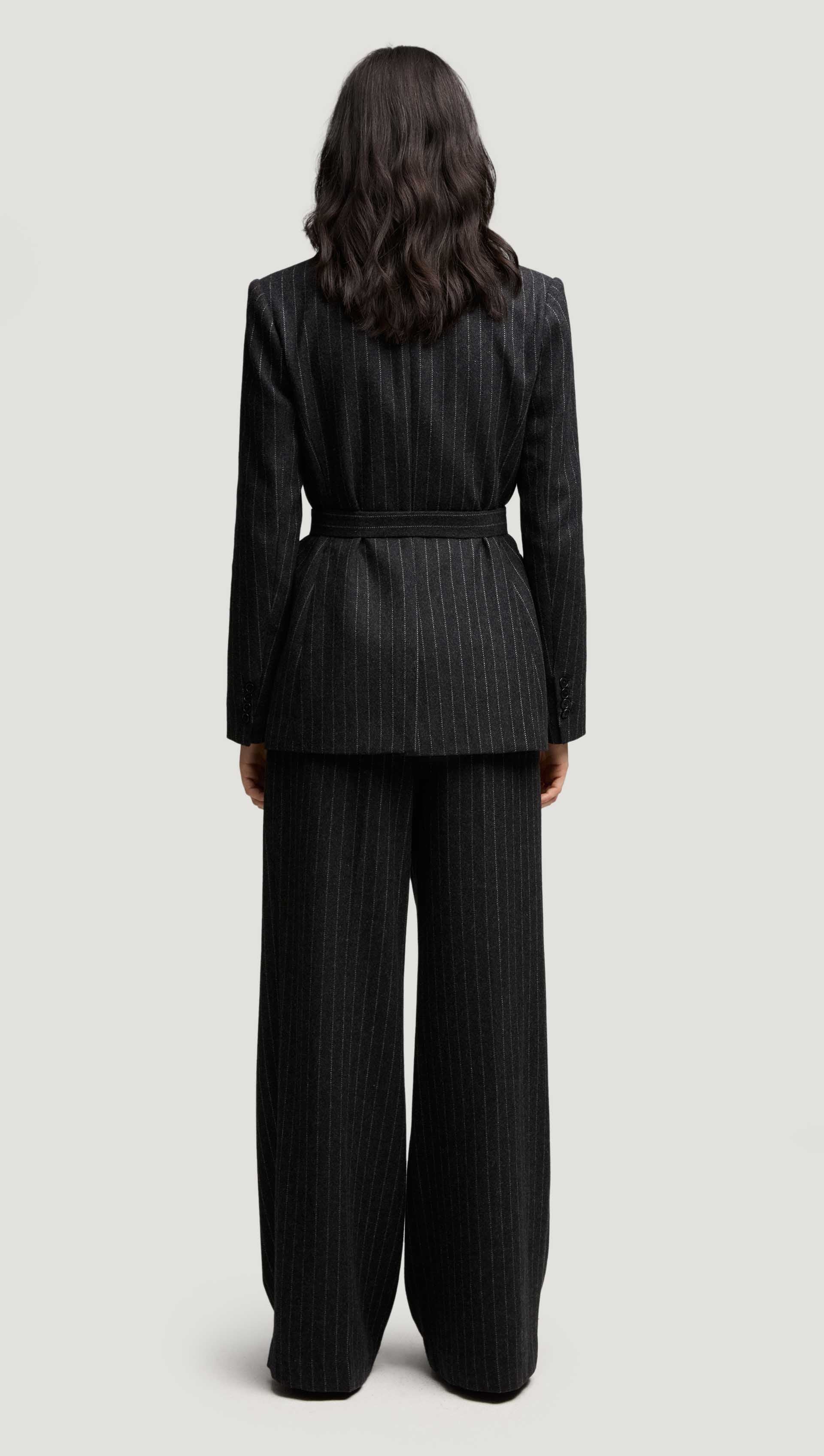 Belted Double-Breasted Blazer in Wool Blend | Grey Pinstripe - Image 5