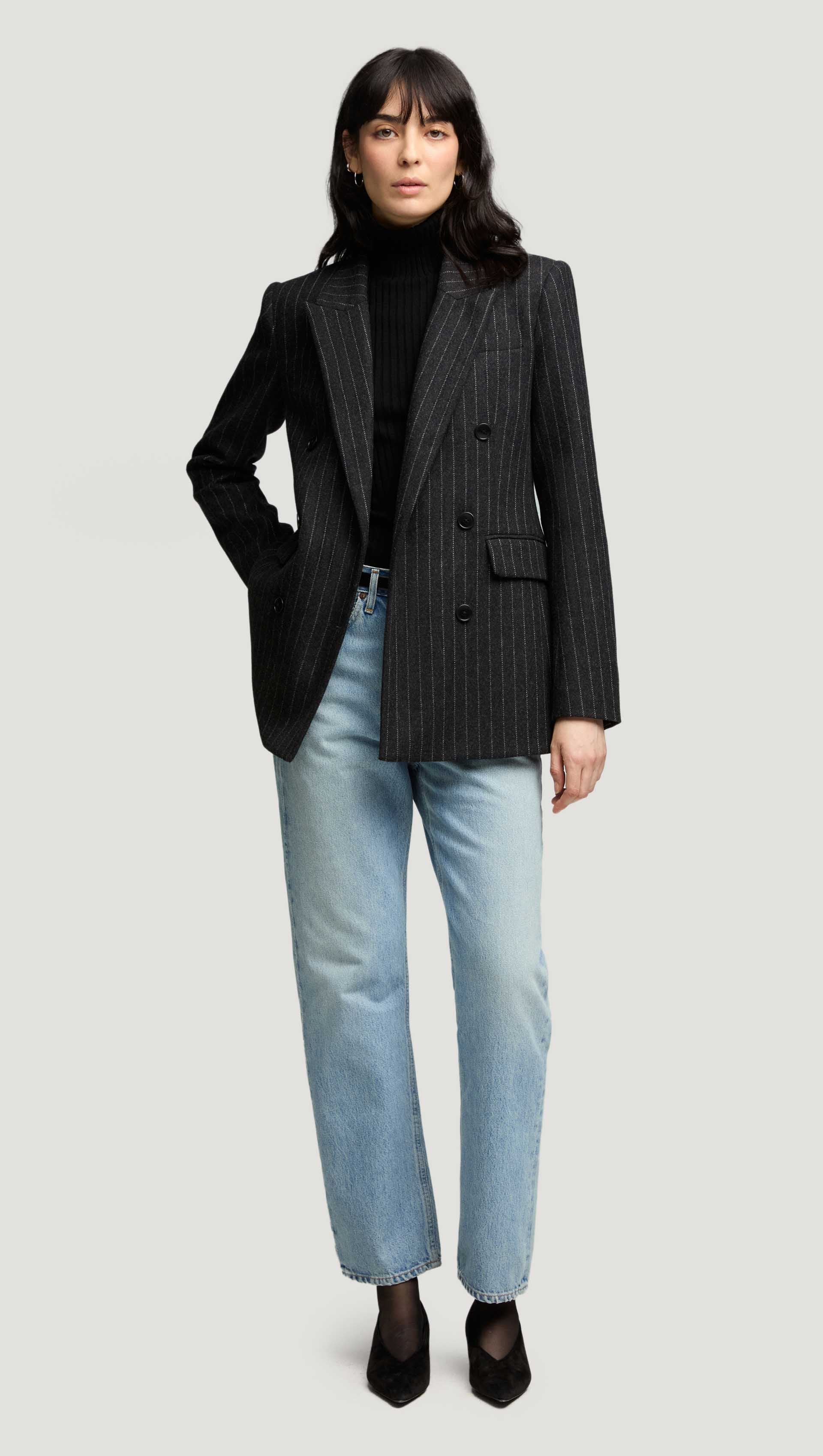 Belted Double-Breasted Blazer in Wool Blend | Grey Pinstripe - Image 6