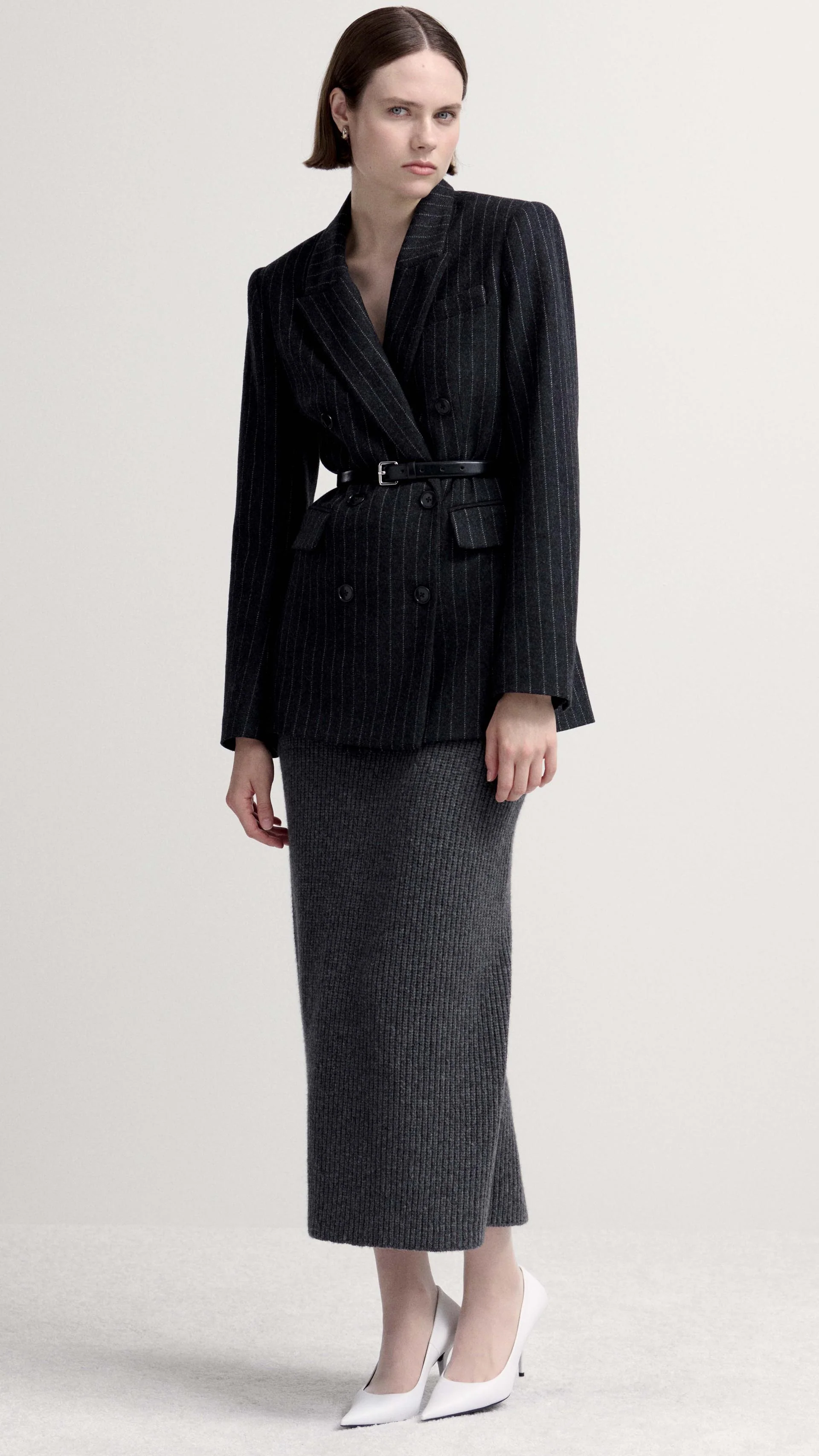 Belted Double-Breasted Blazer in Wool Blend | Grey Pinstripe - Image 7