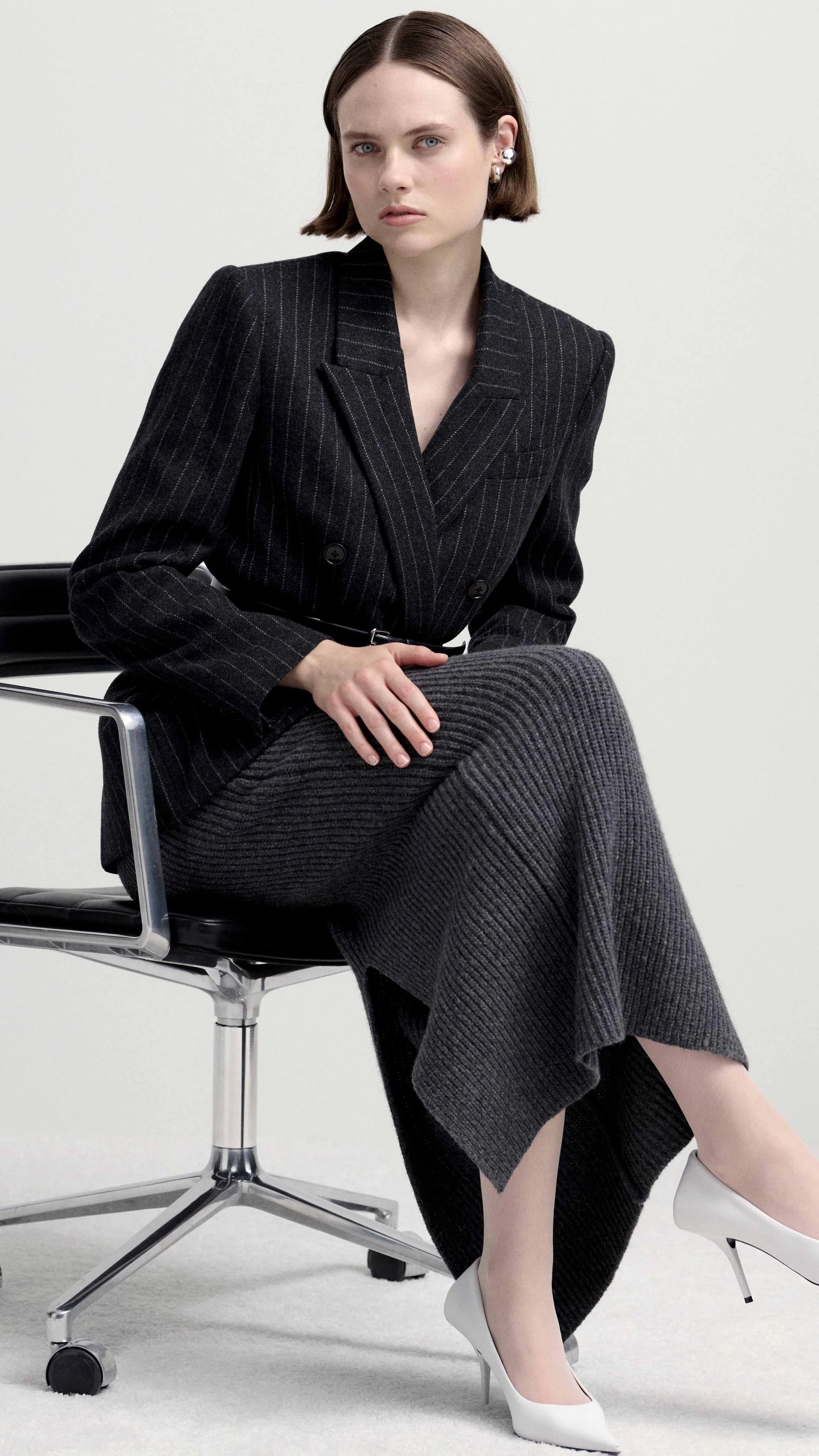 Belted Double-Breasted Blazer in Wool Blend | Grey Pinstripe - Image 8