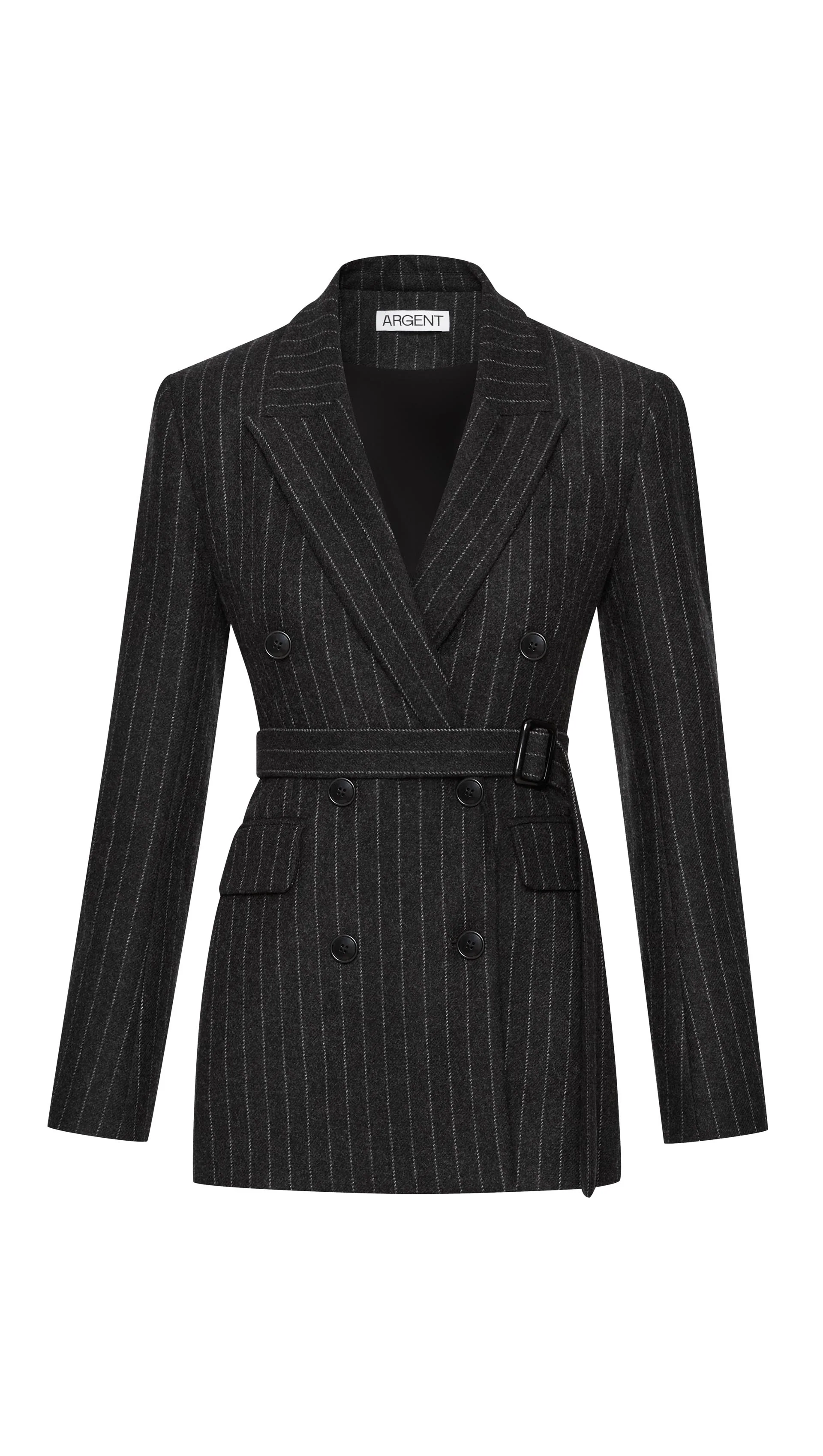 Belted Double-Breasted Blazer in Wool Blend | Grey Pinstripe - Image 9