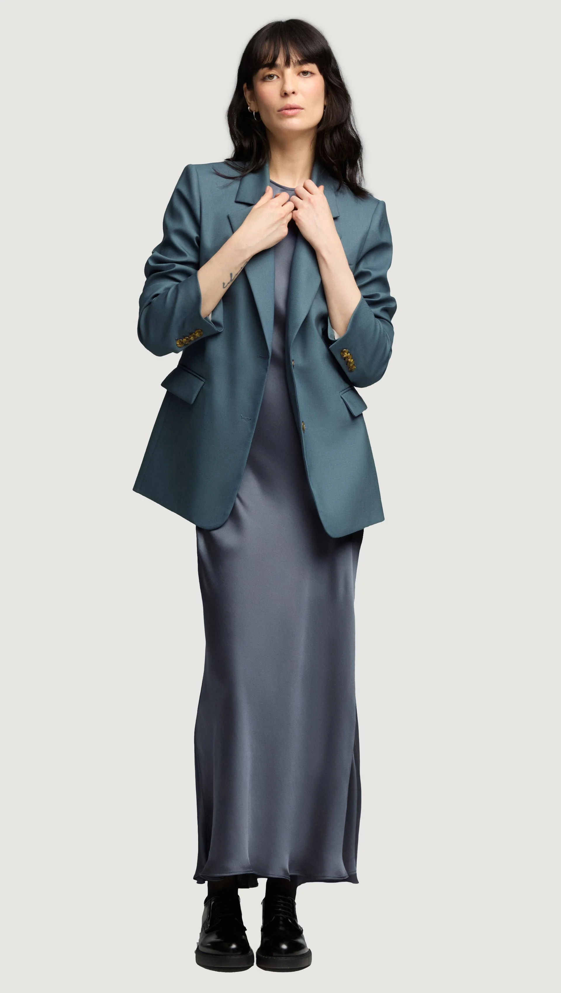 Bias Dress in Viscose Satin | Stone Blue - Image 7