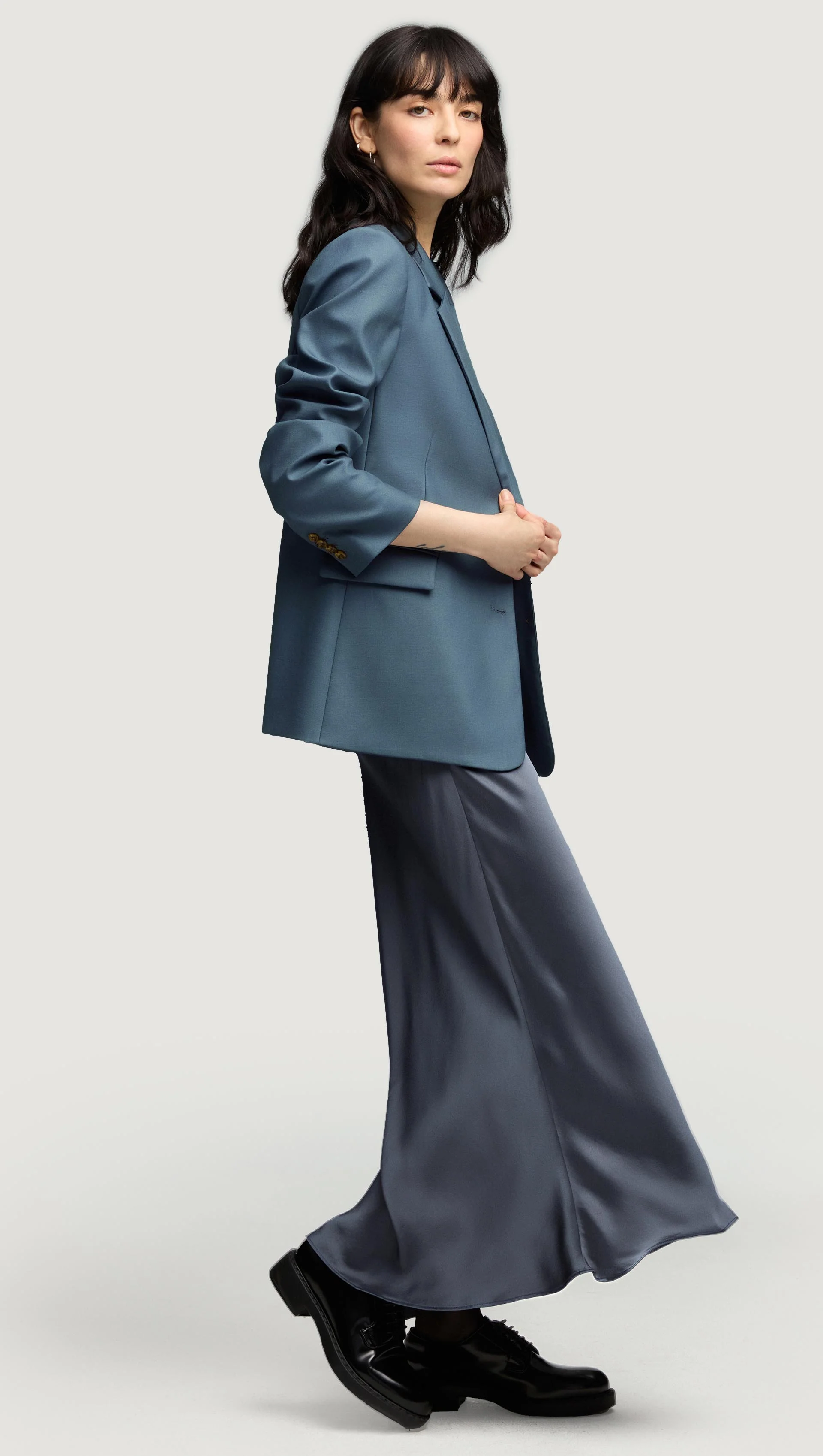 Bias Dress in Viscose Satin | Stone Blue - Image 8