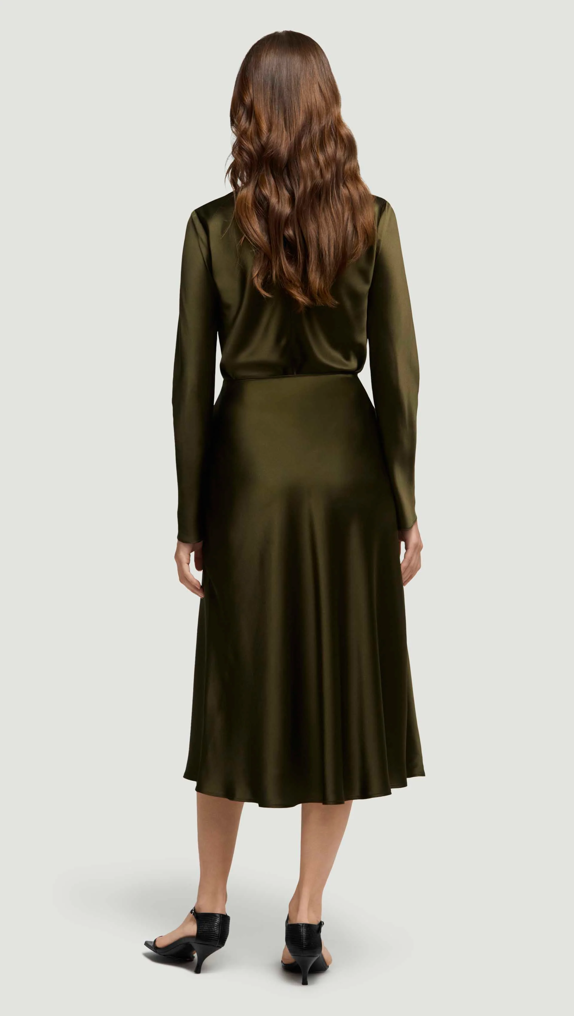 Bias Midi Skirt in Silk Charmeuse | Basil - Image 3