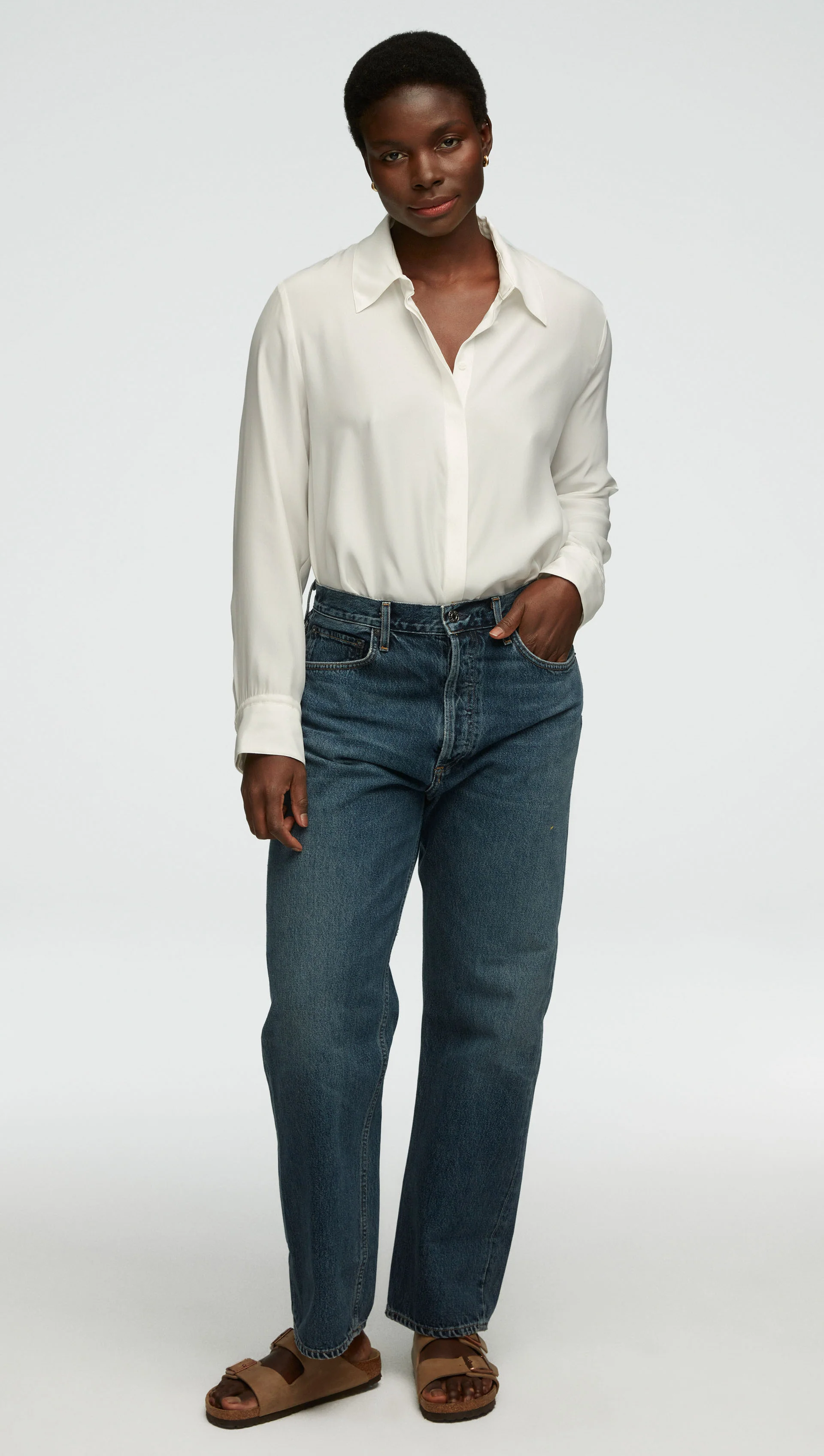 Collared Shirt in Matte-side Silk Satin | White - Image 5