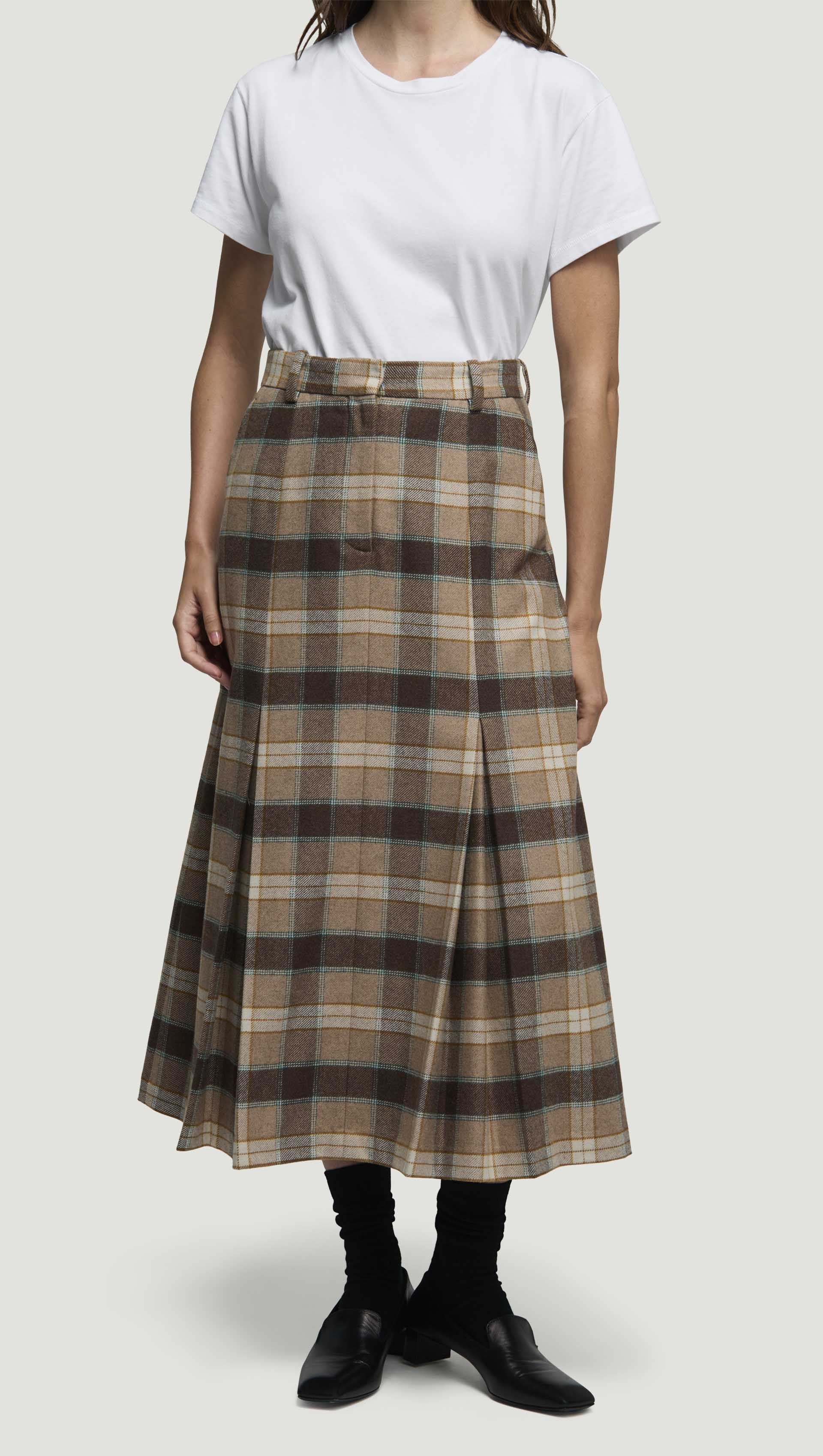 Godet Skirt in Wool | Brown Plaid - Image 4