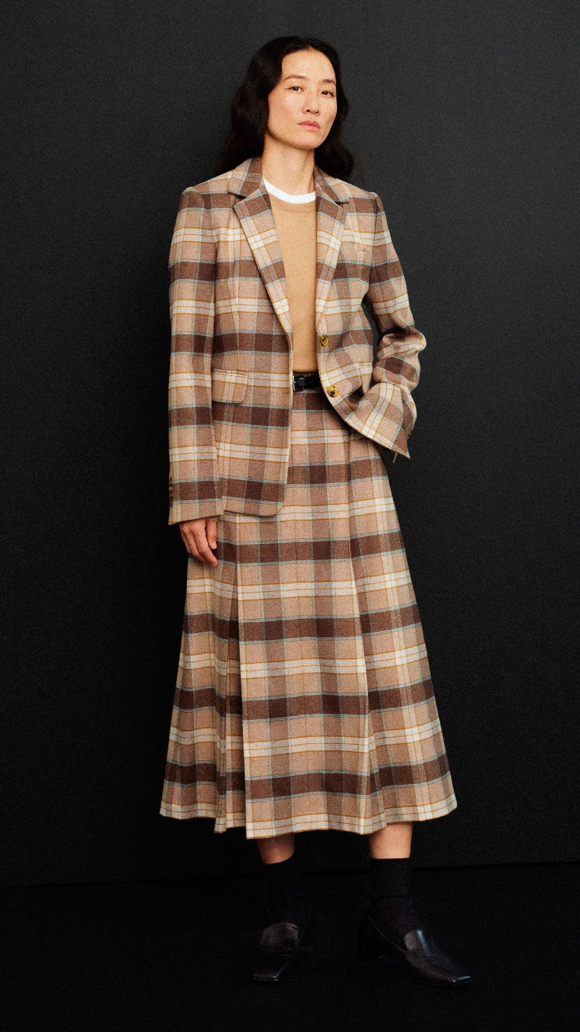 Godet Skirt in Wool | Brown Plaid - Image 5