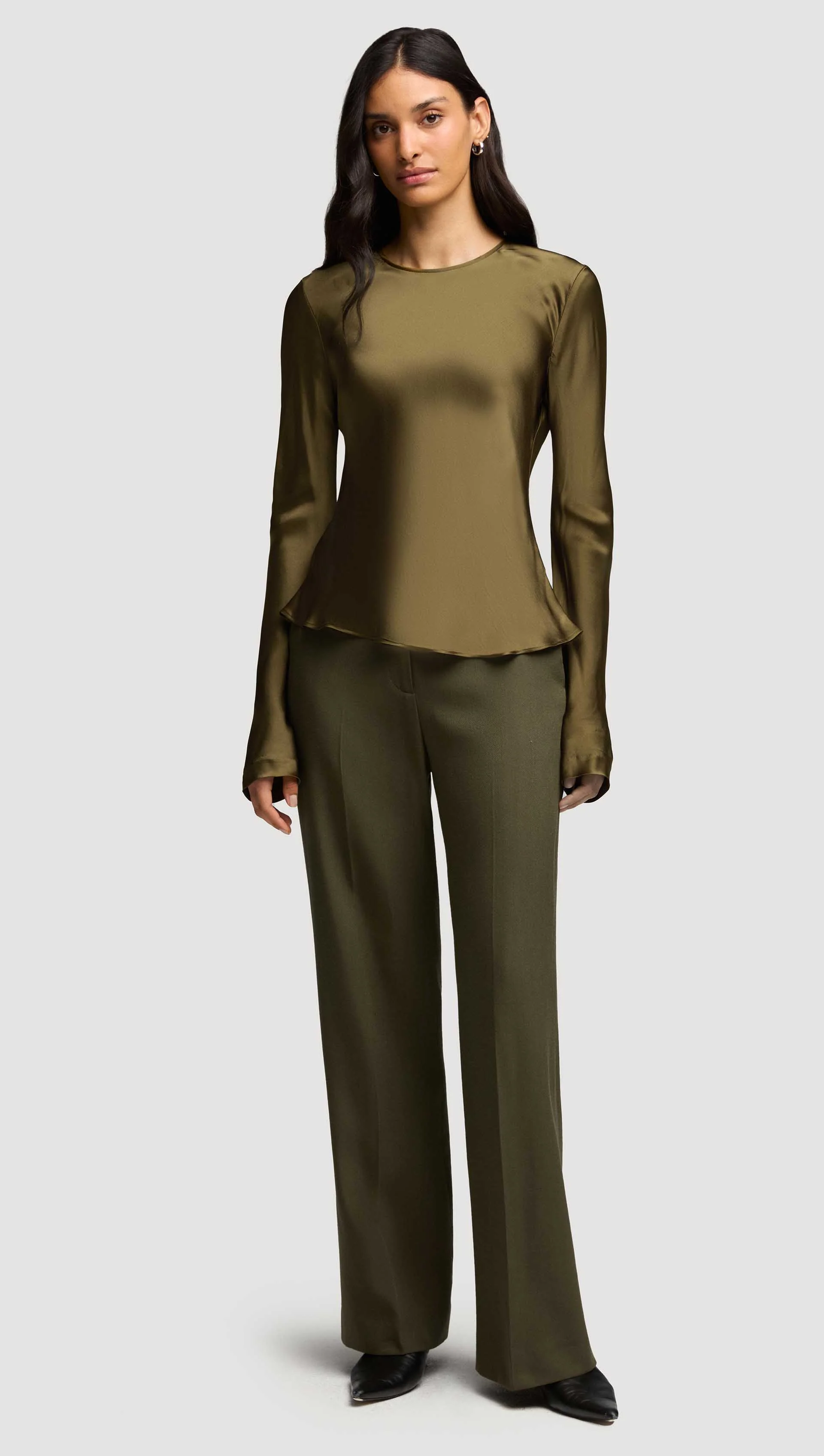 Longsleeve Bias Top in Viscose Satin | Olive - Image 3