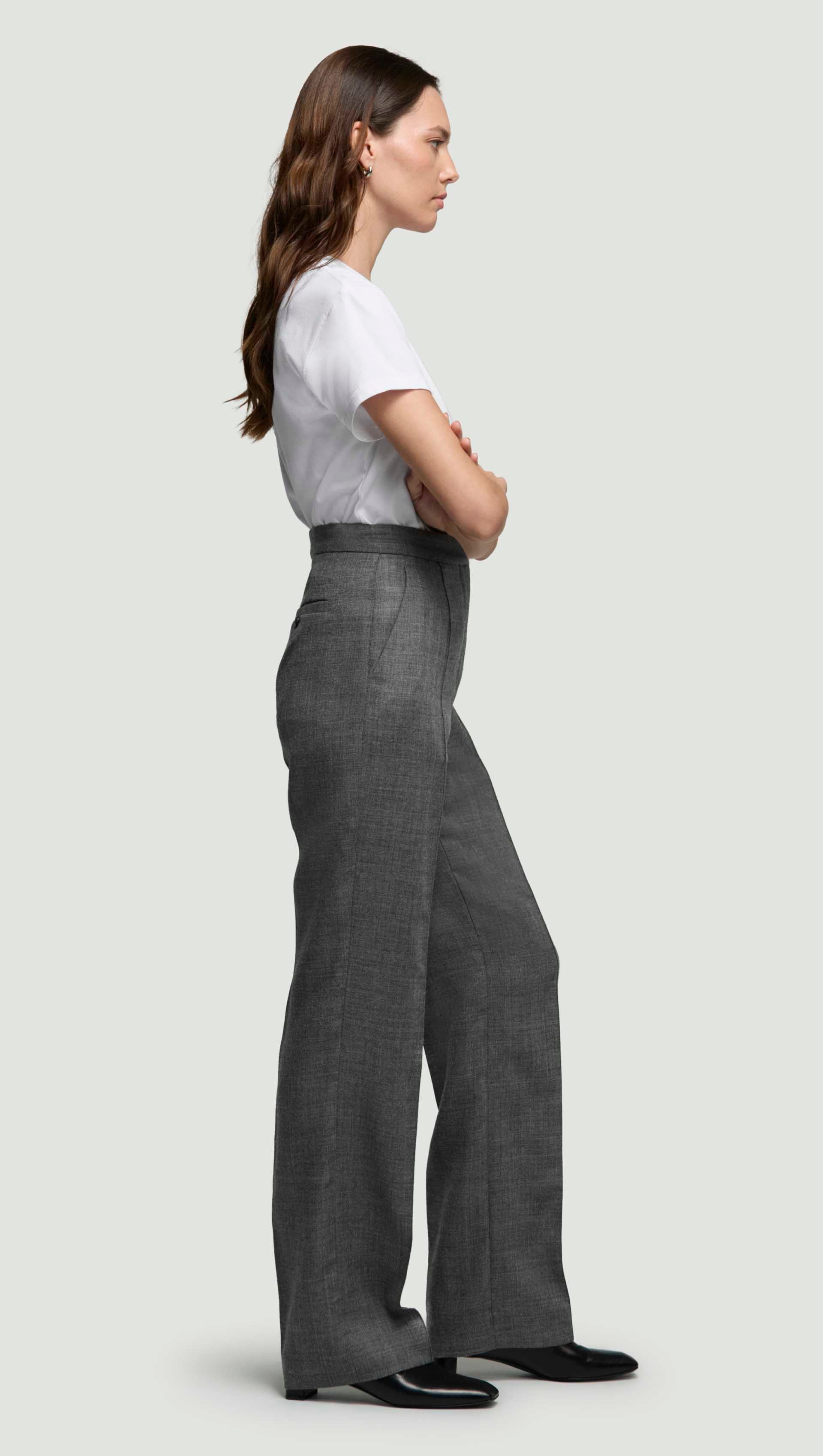 Straight Pintuck Trouser in Textured Wool Twill | Grey Melange - Image 3