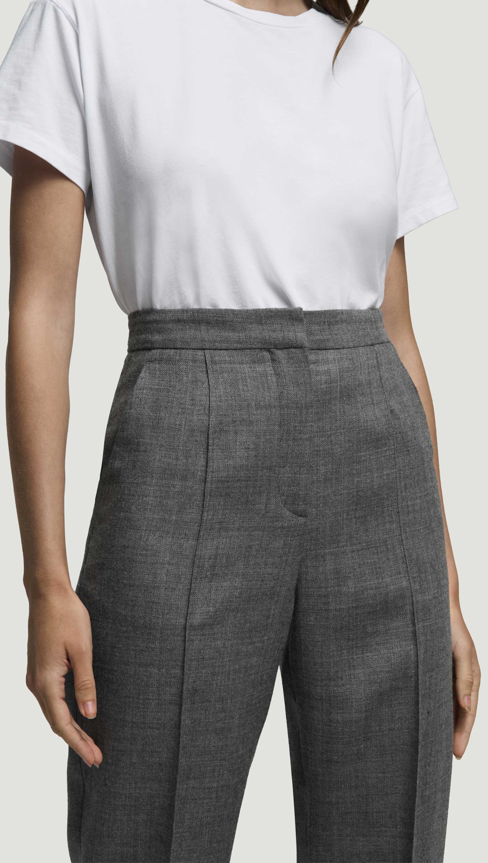 Straight Pintuck Trouser in Textured Wool Twill | Grey Melange - Image 4