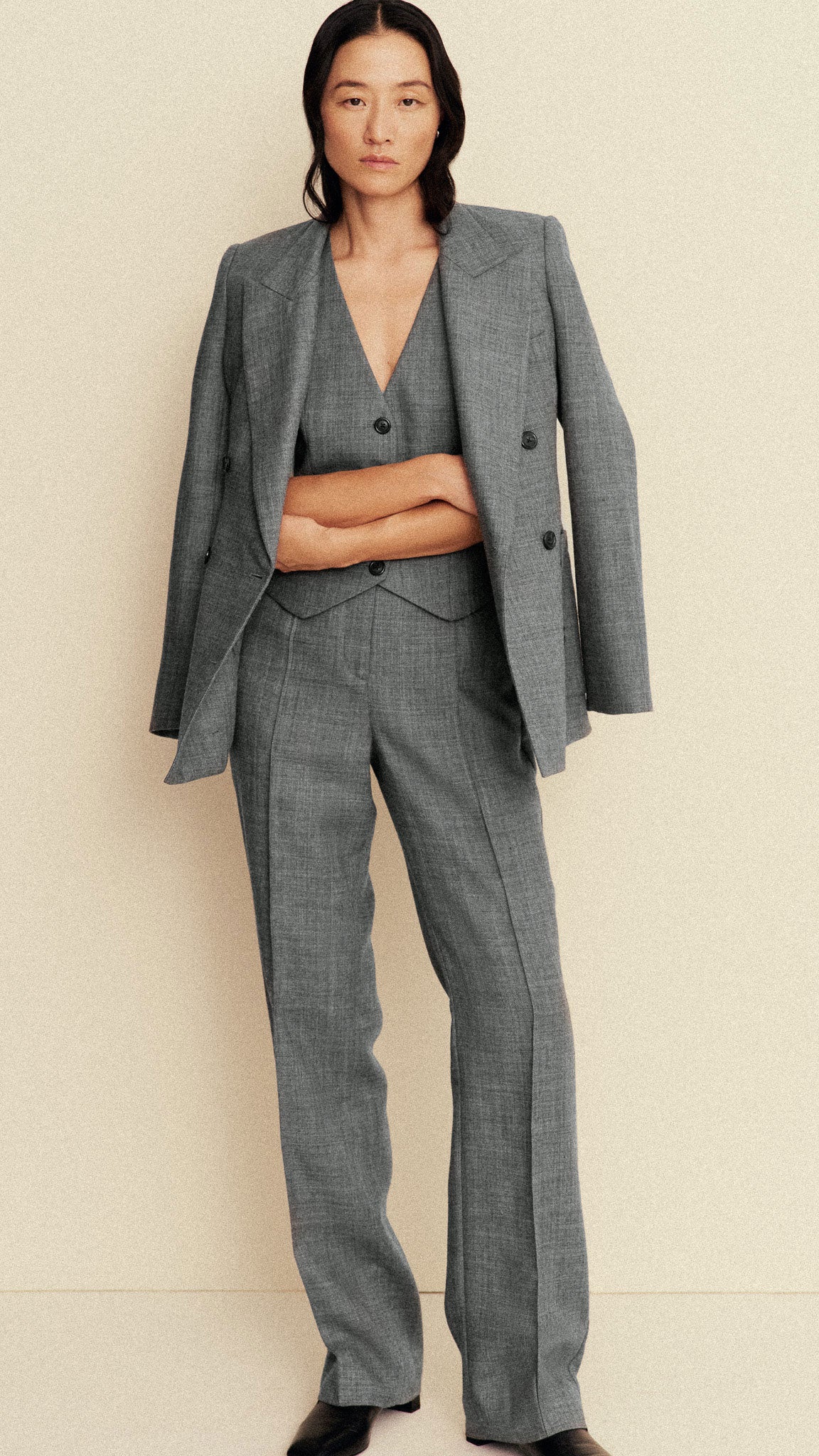 Straight Pintuck Trouser in Textured Wool Twill | Grey Melange - Image 7