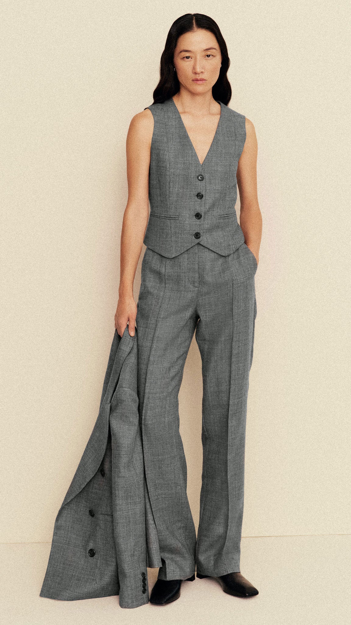 Waistcoat in Textured Wool Twill | Grey Melange - Image 6
